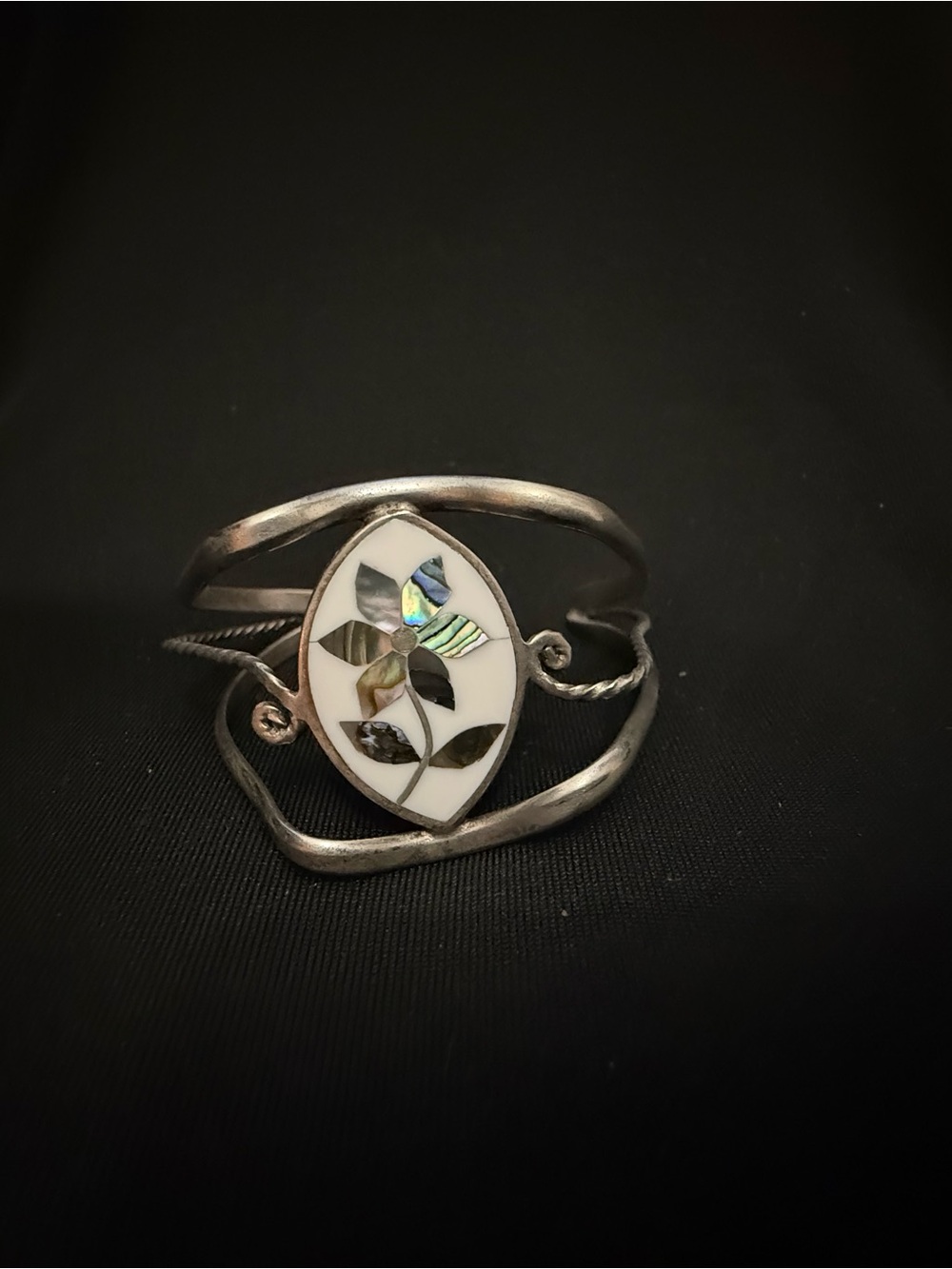 Sterling Silver Mother-of-Pearl Floral Inlay Cuff Bracelet - White